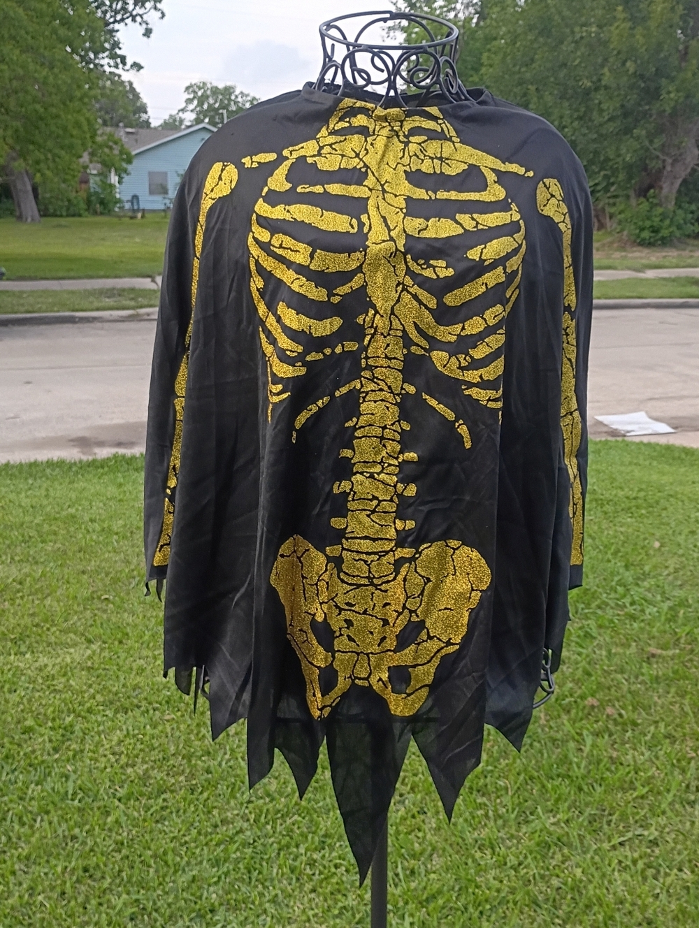 2/$10 Spirit Halloween Black Pancho with Glitter Gold Skeleton Design Size Small